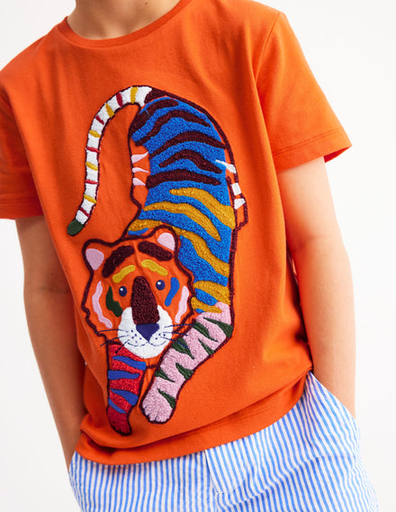 T-Shirt mit Kreuzstich-Korallenrot Tiger