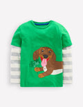 T-shirt fausses manches à appliqué-Chien Saint-Patrick vert printemps
