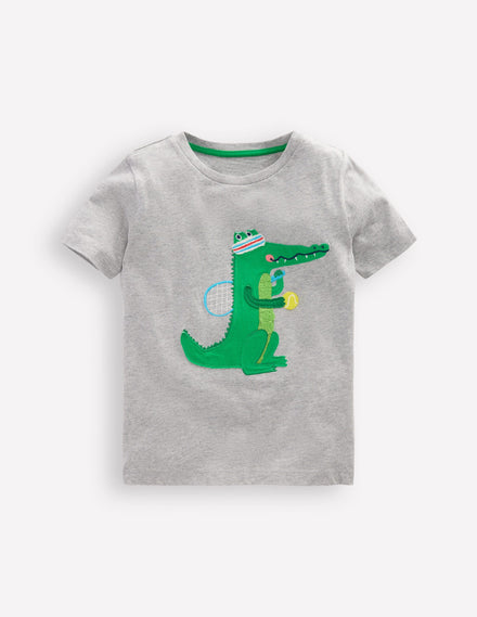 T-shirt manches courtes à appliqué-Crocodile gris chiné