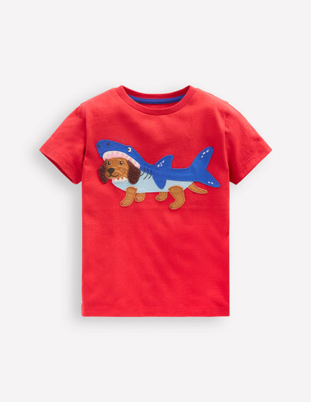 T-shirt manches courtes à appliqué-Requin chien rouge rockabilly