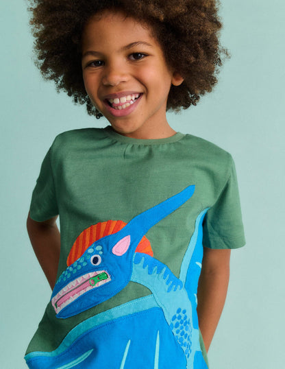 T-Shirt mit Applikation und Reißverschlussdetail-Krötengrün Dinosaurier