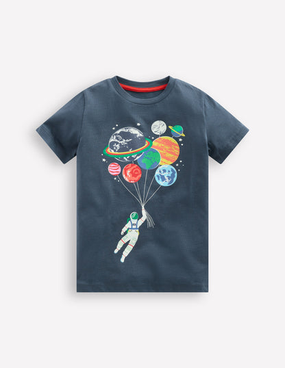 In Dunkeln leuchtendes T-Shirt-Roboter-Blau Raumfahrer Planeten