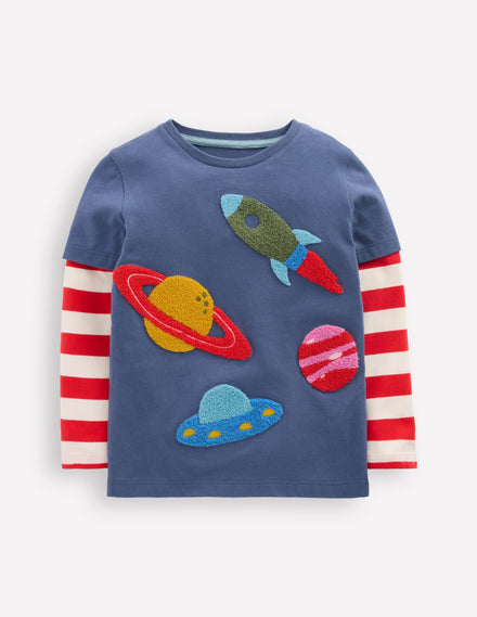 T-Shirt mit Applikation im Lagenlook-Roboterblau Weltraum