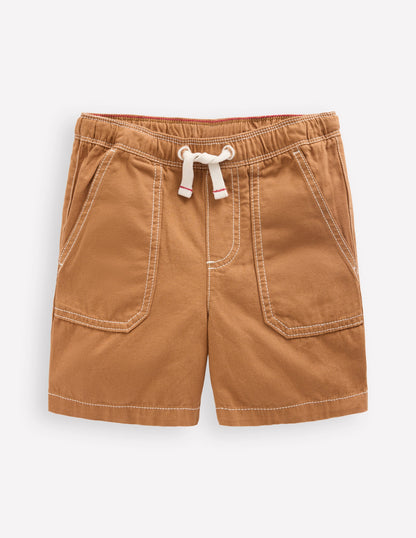 Short en coton à enfiler-Brun caramel