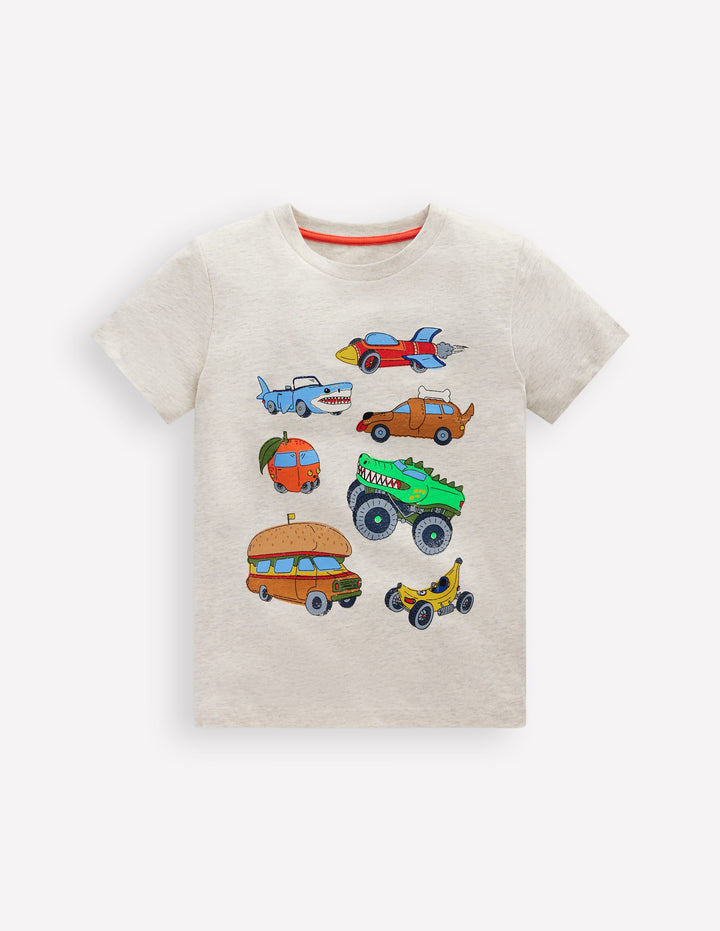 T-shirt graphique à manches courtes-Motif Silly Vehicles avoine chiné