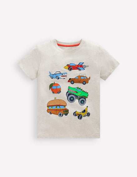 Short Sleeve Printed T-Shirt-Oatmeal Marl Silly Vehicles