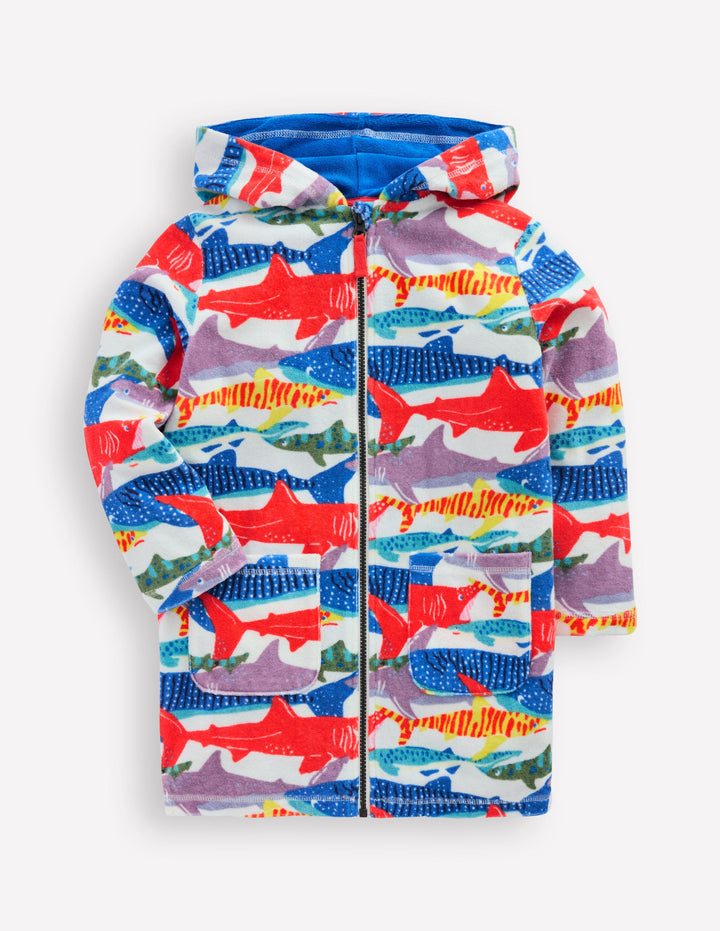 Poncho en éponge à fermeture zippée-Requin imprimé riso ivoire