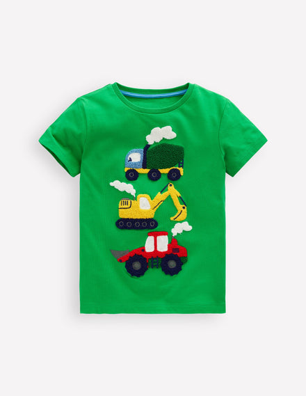 Short Sleeve Bouclé T-shirt-Green Construction Vehicles