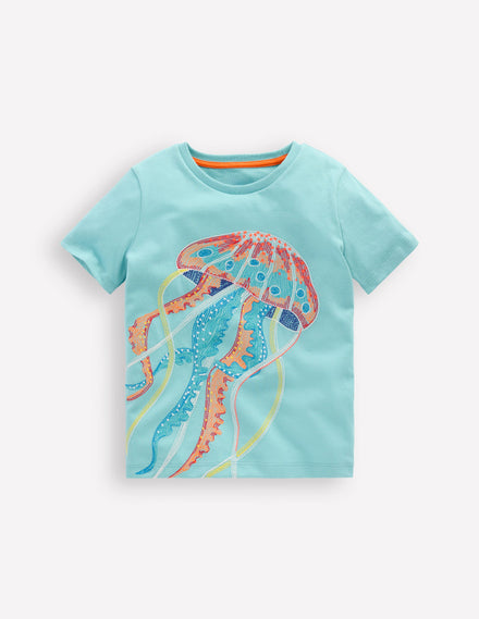 T-shirt phosphorescent à super surpiqûres-Méduse bleu Caraïbes