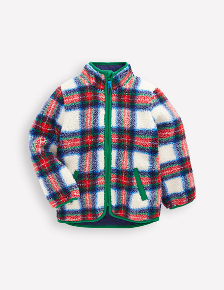 Kuschelige Teddyfell-Jacke-Naturweiß, Blau und Rot Kariert