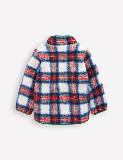 Kuschelige Teddyfell-Jacke-Naturweiß, Blau und Rot Kariert-3