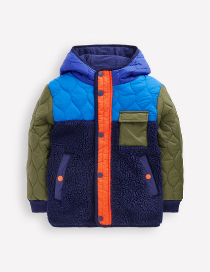 Steppjacke mit Teddyfell-Klassisches Khaki Blockfarben-4