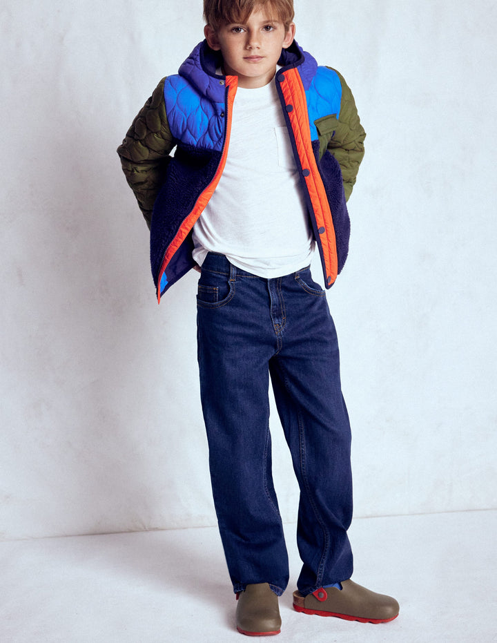 Steppjacke mit Teddyfell-Klassisches Khaki Blockfarben