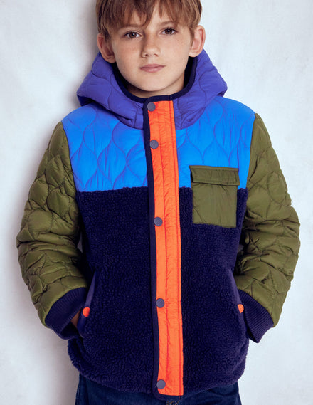Steppjacke mit Teddyfell-Klassisches Khaki Blockfarben