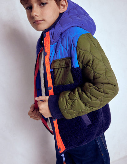 Steppjacke mit Teddyfell-Klassisches Khaki Blockfarben-3