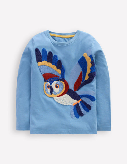 Langarmshirt aus Bouclé-Meeresdunst-Blau Eule