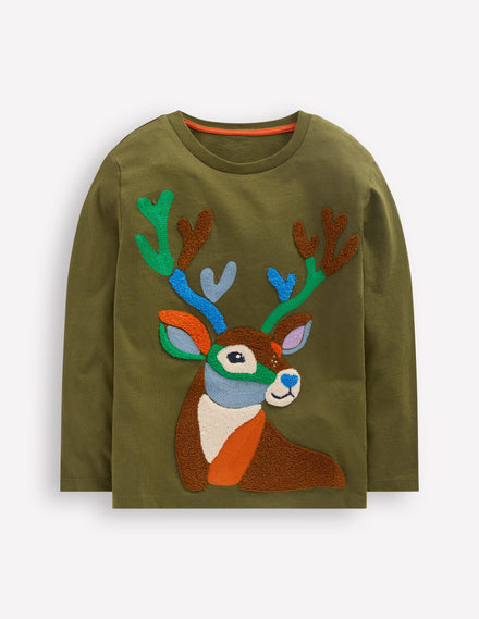 Langarmshirt aus Bouclé-Wintermoos Hirsch