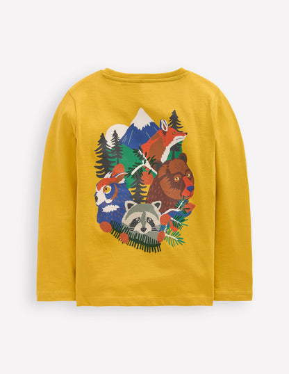 T-Shirt mit Druck auf Vorder- und Rückseite-Ölgelb Berg Tiere-2