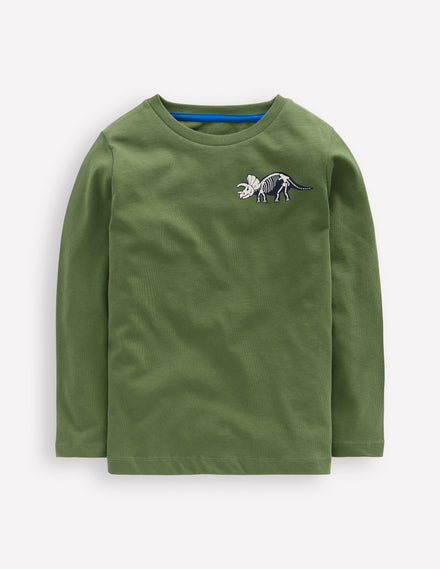 T-Shirt mit Druck auf Vorder- und Rückseite-Grün Vulkan Dino