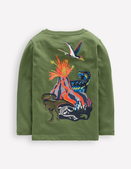 T-Shirt mit Druck auf Vorder- und Rückseite-Grün Vulkan Dino