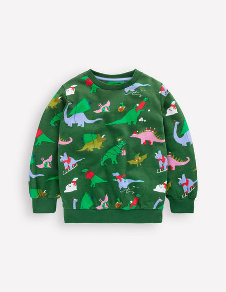 Bedrucktes Sweatshirt für den Alltag-Weinblattgrün Weihnachtsdinos