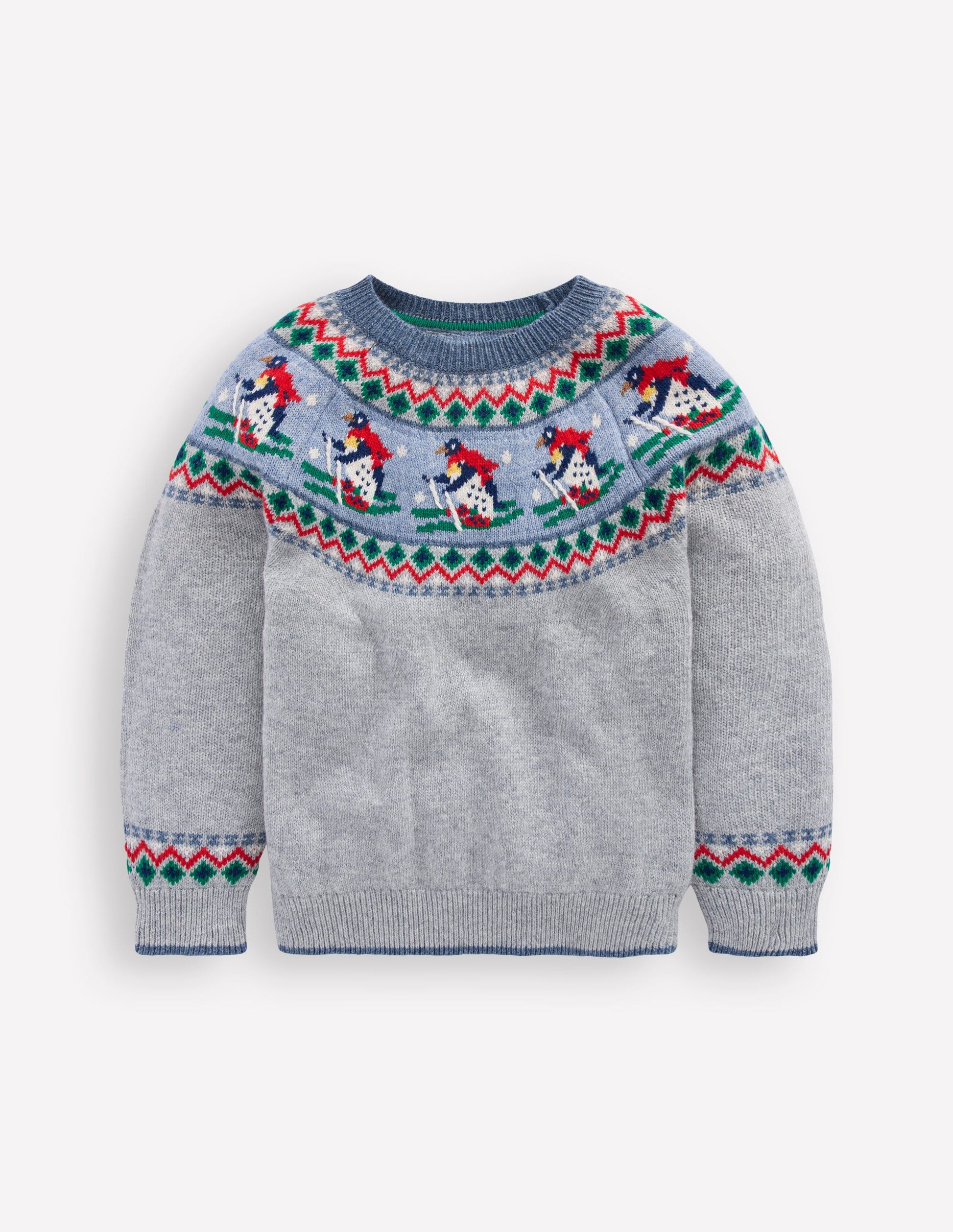 Fair-Isle-Pullover-Grau Meliert Pinguine auf Skiern Boden DE