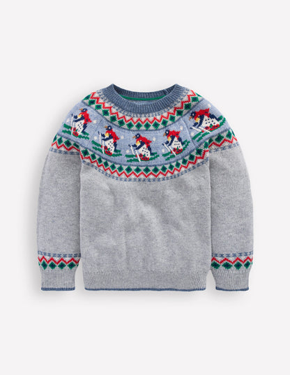 Pull motif jacquard-Pingouins à ski gris chiné-1