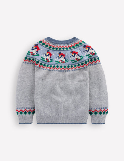 Pull motif jacquard-Pingouins à ski gris chiné-2
