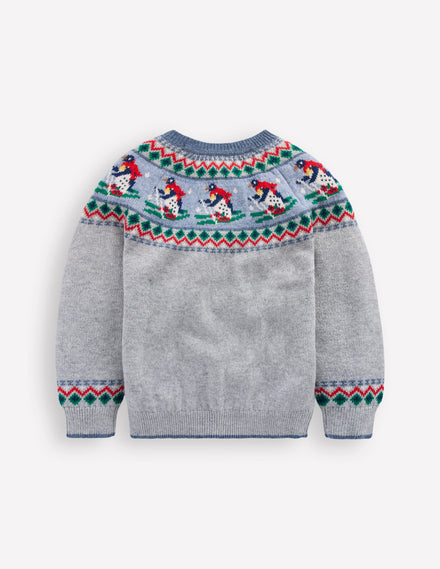 Fair-Isle-Pullover-Grau Meliert Pinguine auf Skiern