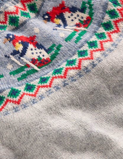 Pull motif jacquard-Pingouins à ski gris chiné-3