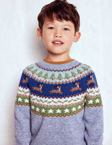 Pull motif jacquard-Renne bleu glacier