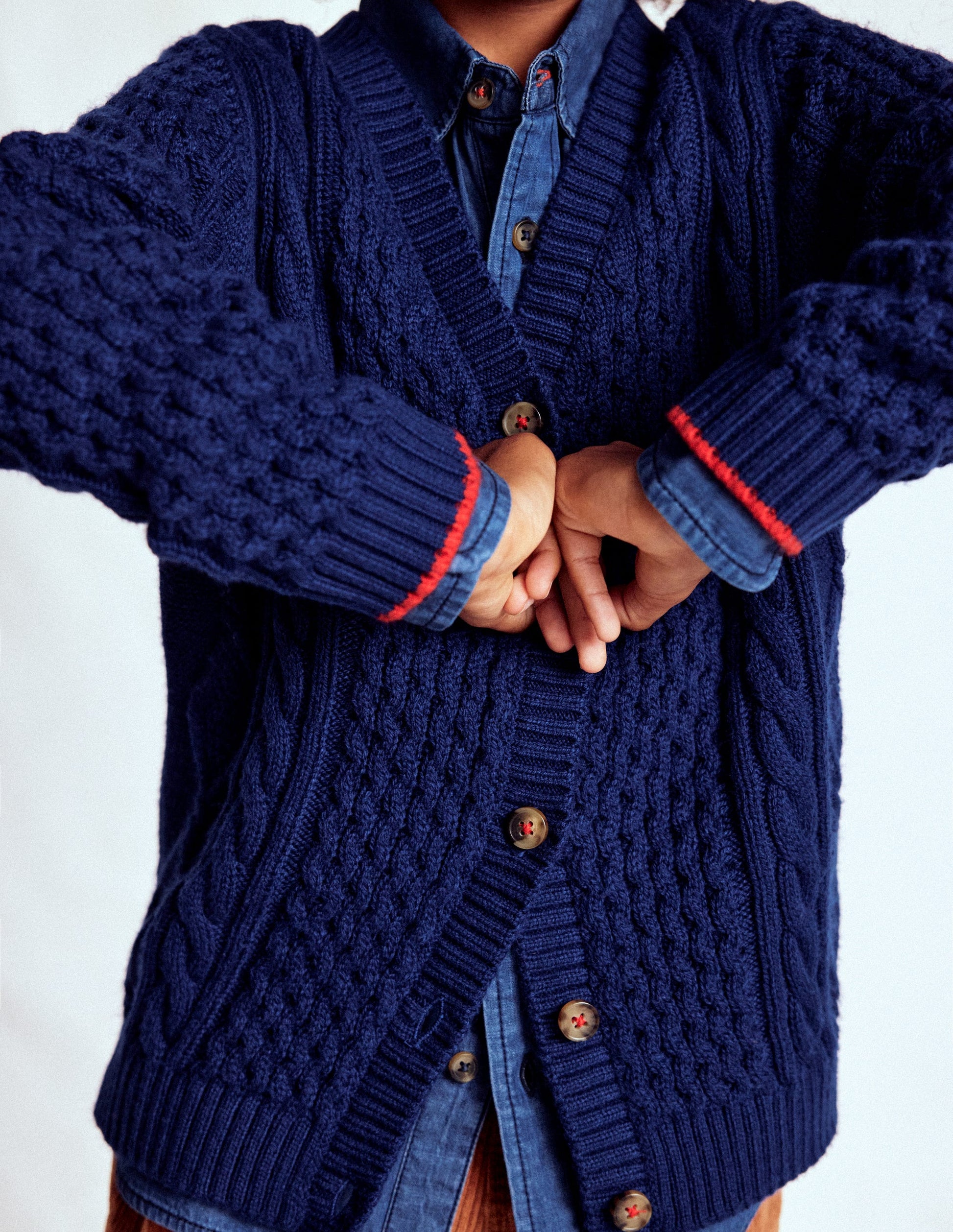 Klassische Strickjacke mit Zopfmuster-Schuluniform-Marineblau-2