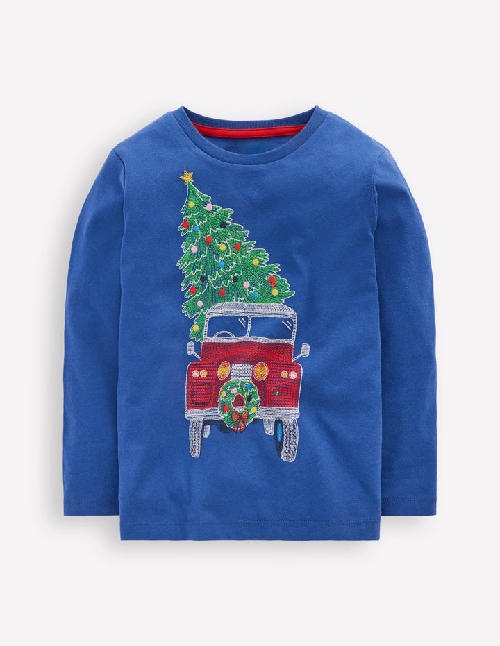 T-shirt phosphorescent à super surpiqûres-Voiture de Noël bleu crépuscule
