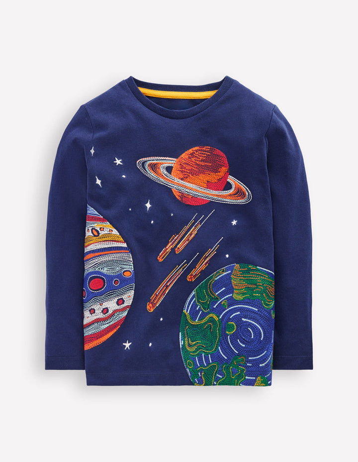Im Dunkeln leuchtendes T-Shirt mit Superstitch-Mittelalterliches Blau Planeten