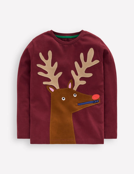Langarmshirt mit Applikation und Reißverschlussdetail-Portwein Rentier