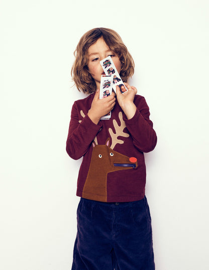 Langarmshirt mit Applikation und Reißverschlussdetail-Portwein Rentier-1