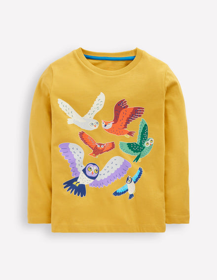 Im Dunkeln leuchtendes Langarmshirt-Kanariengelb Eulen