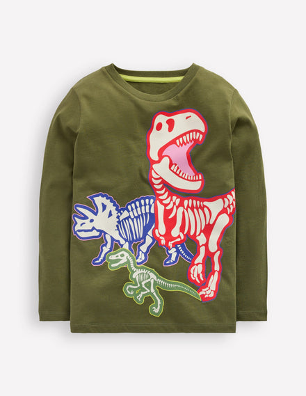 T-shirt phosphorescent à manches longues-Squelettes de dinosaure mousse hivernale