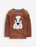 T-Shirt mit lustiger Applikation-Braun Meliert Bulldogge