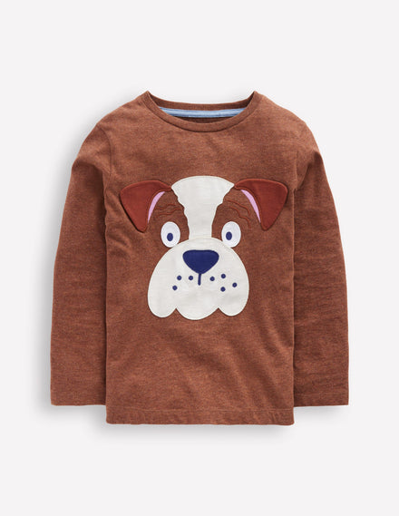 T-Shirt mit origineller Applikation-Braun Meliert Bulldogge