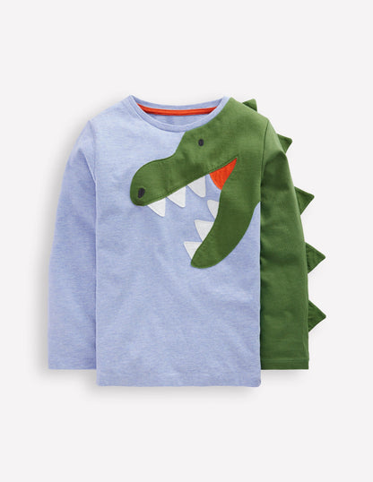 T-Shirt mit origineller Applikation-Blau Meliert Dino-1