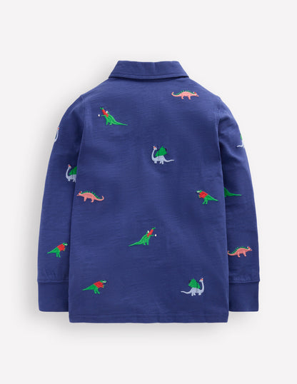 Besticktes Flammgarn-Polohemd-Segelblau, Dinosaurier-2