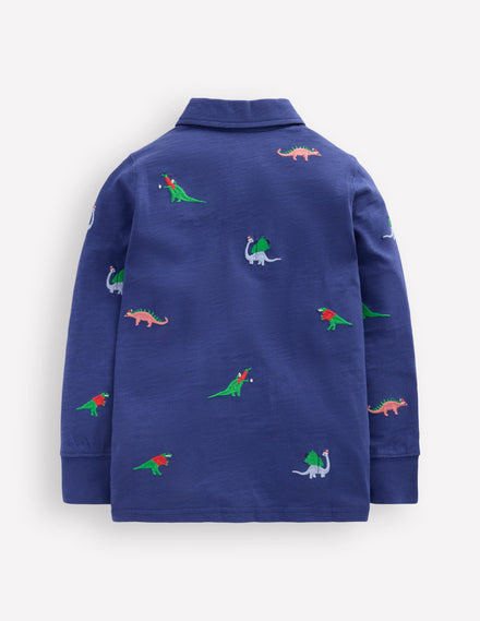 Besticktes Flammgarn-Polohemd-Segelblau, Dinosaurier
