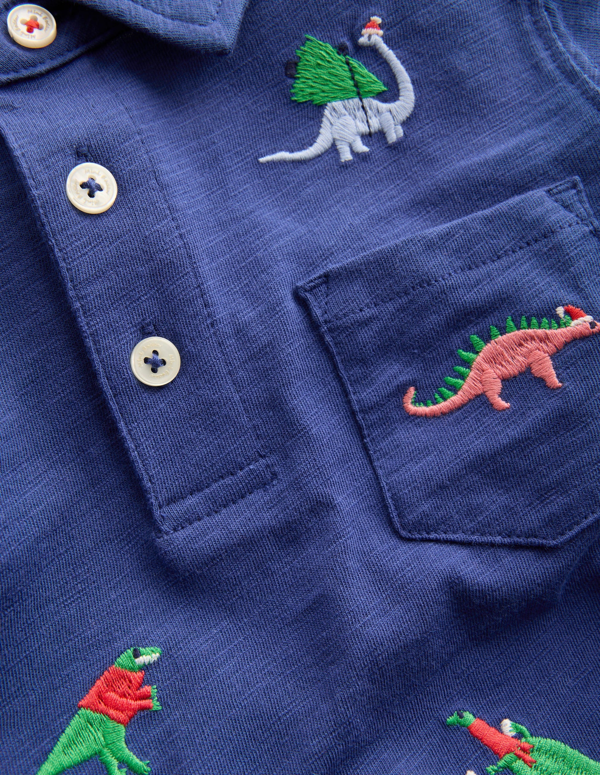 Besticktes Flammgarn-Polohemd-Segelblau, Dinosaurier-3
