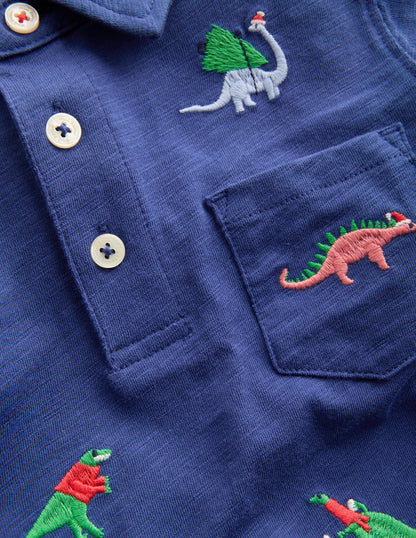 Besticktes Flammgarn-Polohemd-Segelblau, Dinosaurier-3