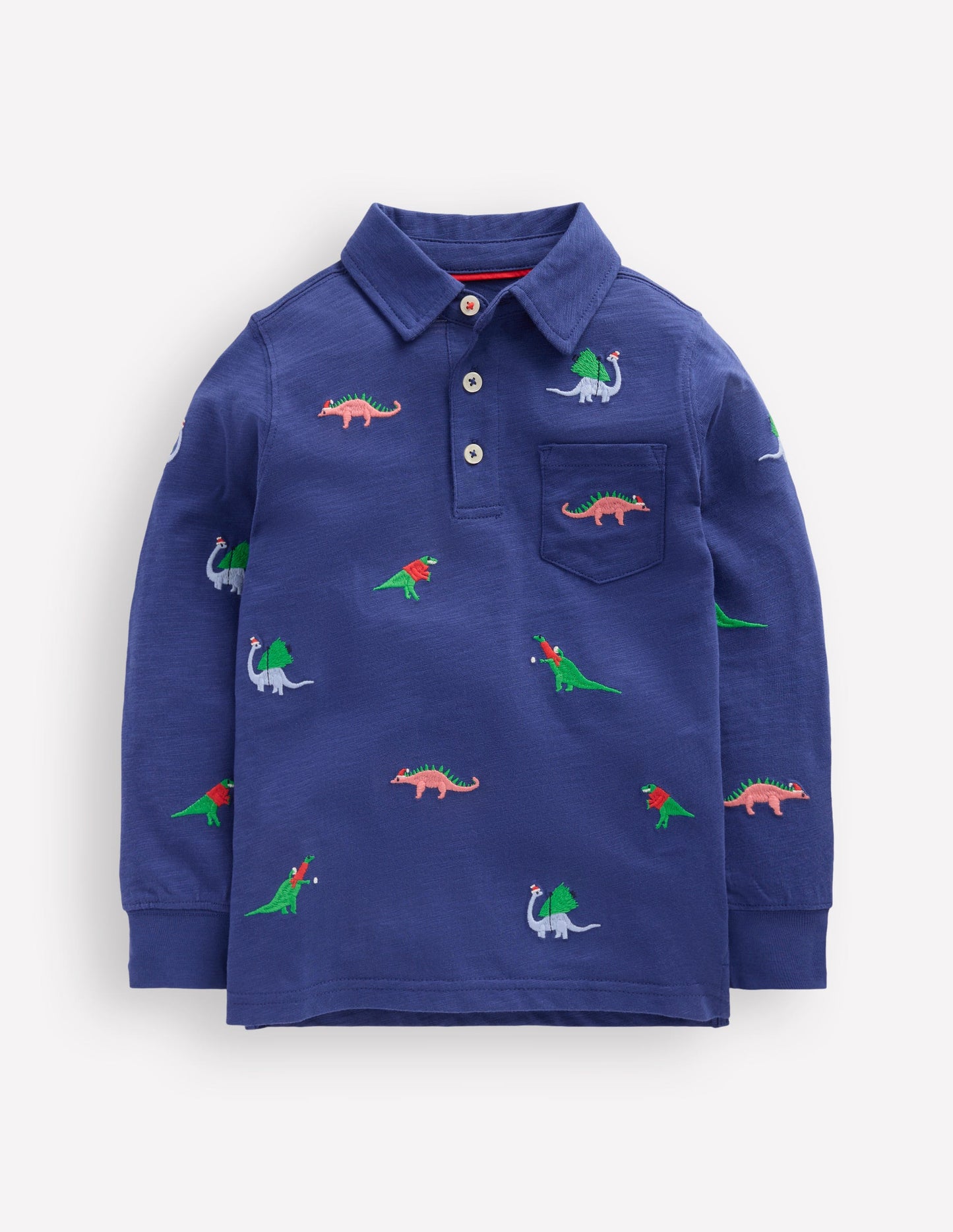 Besticktes Flammgarn-Polohemd-Segelblau, Dinosaurier