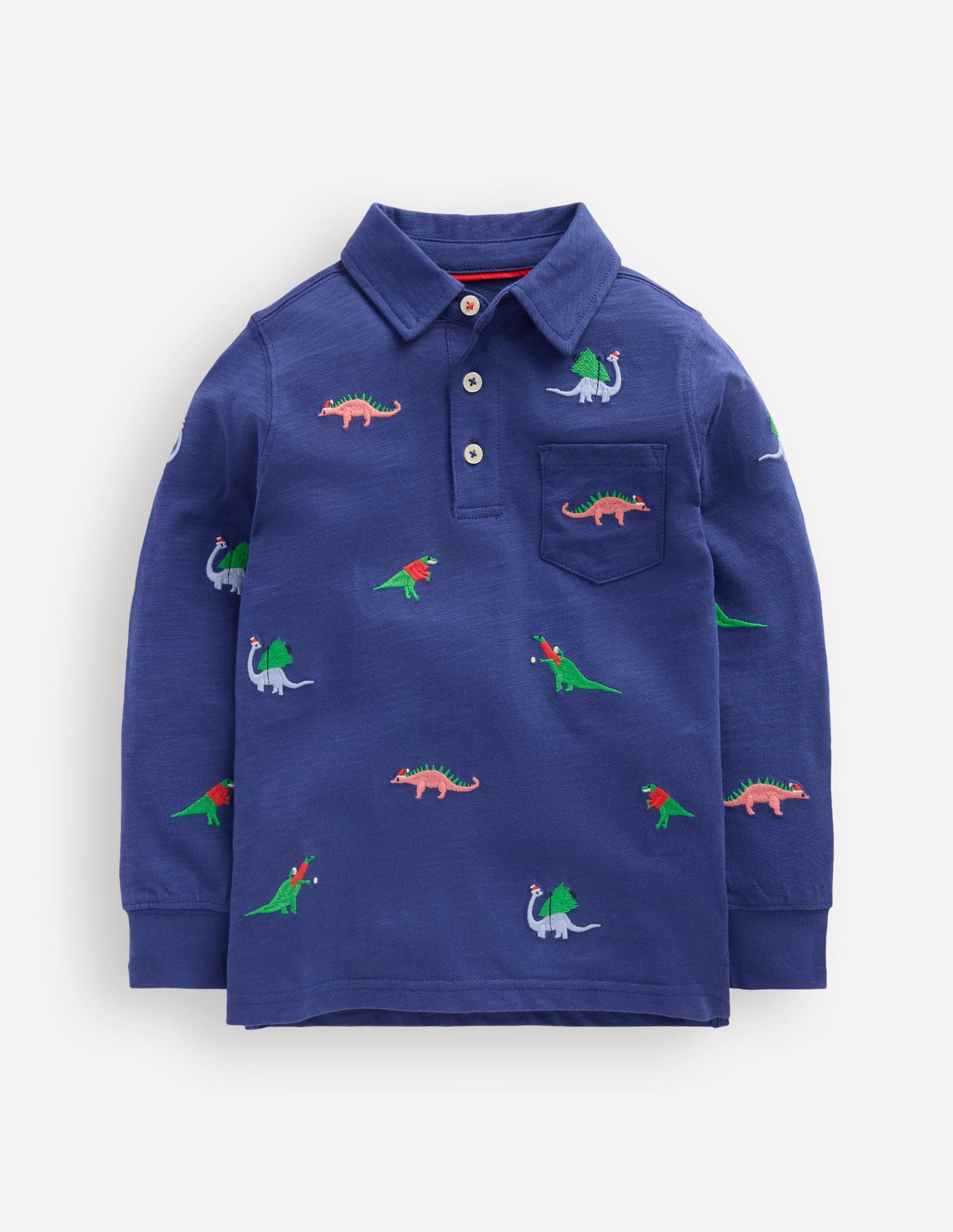 Besticktes Flammgarn-Polohemd-Segelblau, Dinosaurier-1