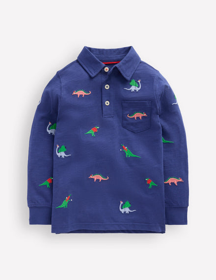 Besticktes Flammgarn-Polohemd-Segelblau, Dinosaurier