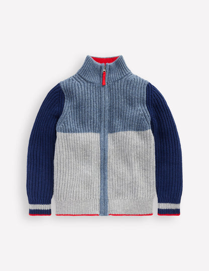 Grobstrickpullover mit Reißverschluss-Grau Meliert Blockfarben-1