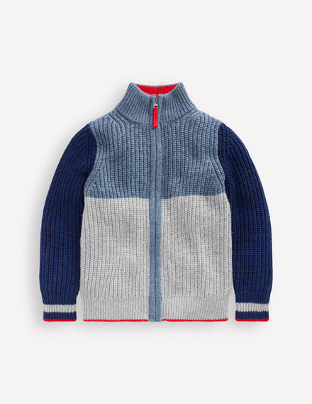 Grobstrickpullover mit Reißverschluss-Grau Meliert Blockfarben